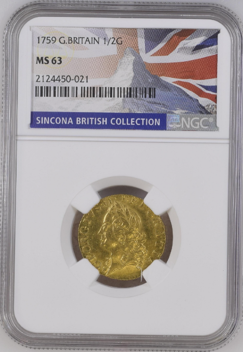 【動画あり】アンティークコイン グレートブリテン 1759年 ジョージ2世 1/2ギニー金貨 NGC-MS63