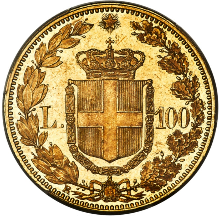 レア度1-R1】イタリア 1883-R年 ウンベルト1世 100リラ金貨 PCGS-MS62