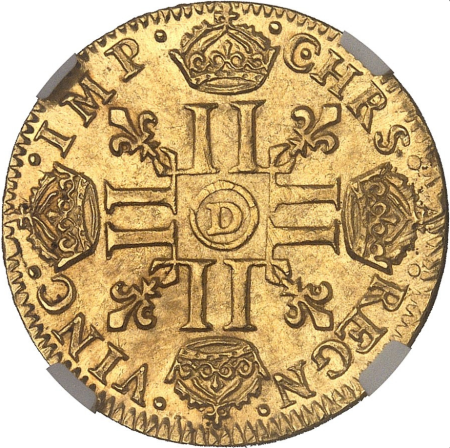 【動画あり】【レア度1-R1】フランス 1652-D年 ルイ14世 1ルイドール金貨 NGC-MS61