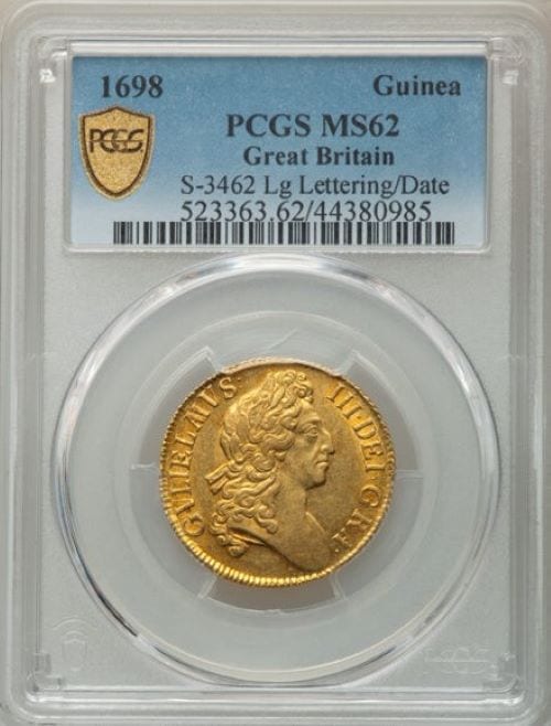 【動画あり】グレートブリテン 1698年 ウイリアム3世 1ギニー金貨 PCGS-MS62