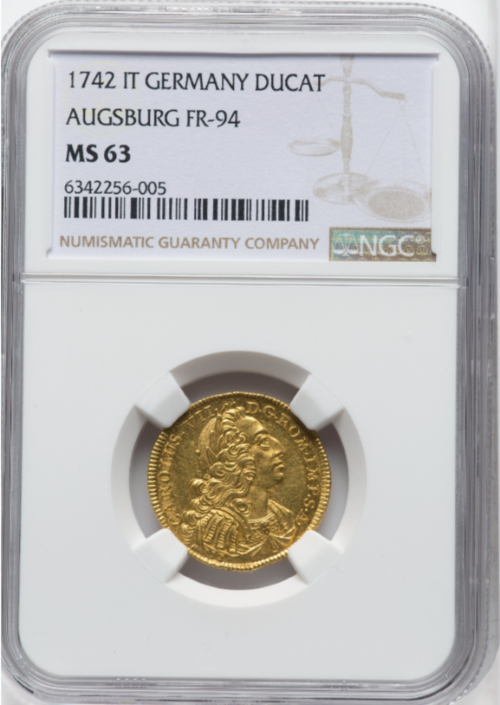【動画あり】アンティークコイン ドイツ 1742-IT年 アウクスブルク 自由都市 1ダカット金貨 NGC-MS63