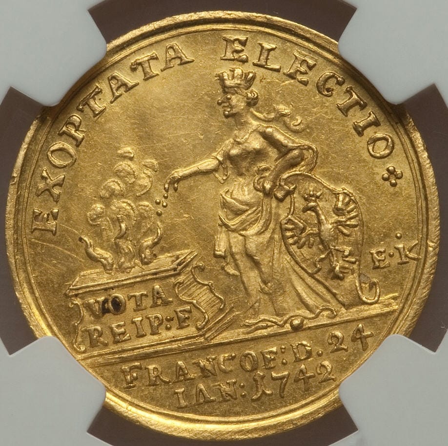 ドイツ2ダカット金貨 German States Frankfurt. Free City - Karl VII gold Coronation 2 Ducat 1742-EK MS61 NGC