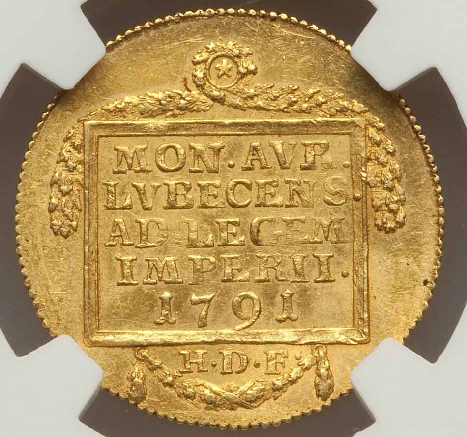 【動画あり】ドイツ1ダカット金貨German States Lubeck. Free City gold Ducat 1791-HDF MS62 NGC