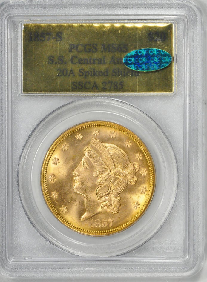 リバティ20ドル金貨 1857-S セントラルアメリカ号 ＄20 PCGS/CAC MS65