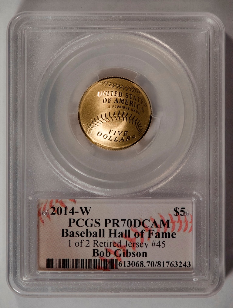 【世界で2枚】2014メジャーリーグベースボール記念コイン 引退背番号45番 5ドル金貨ボブギブソン PCGS-MS70