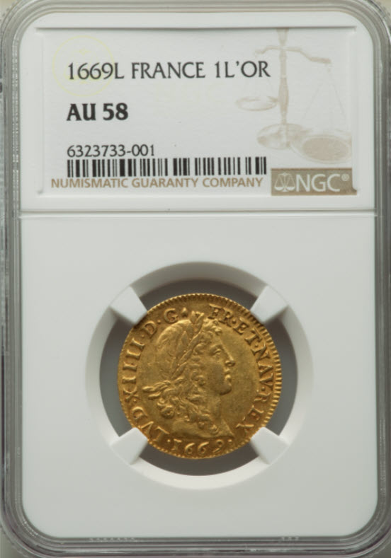 【レア度1-R1】フランス 1669-L年 ルイ14世 1ルイドール金貨 NGC AU58
