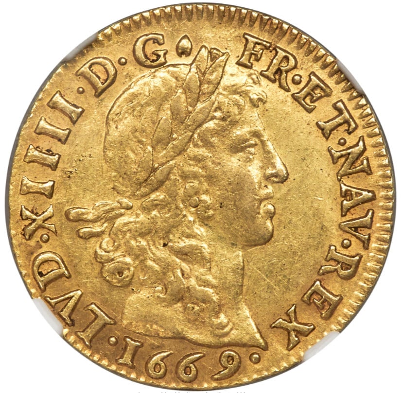 【レア度1-R1】フランス 1669-L年 ルイ14世 1ルイドール金貨 NGC AU58