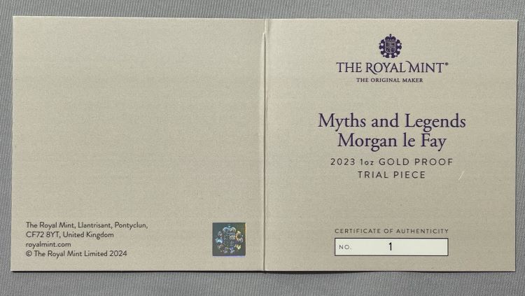 予約商品【トライアル・ピース】NGC鑑定 グレートブリテン 2023年 アーサー王伝説シリーズ モルガン・ル・フェ チャールズ3世 1オンス 100ポンド プルーフ純金金貨