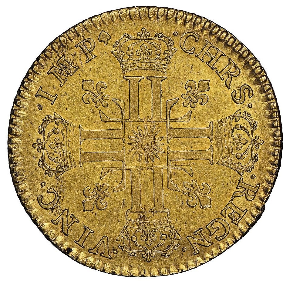 【動画あり】【レア度2-R2】フランス 1710-B年 ルイ14世 2ルイドール金貨 ソレイユ NGC-AU58