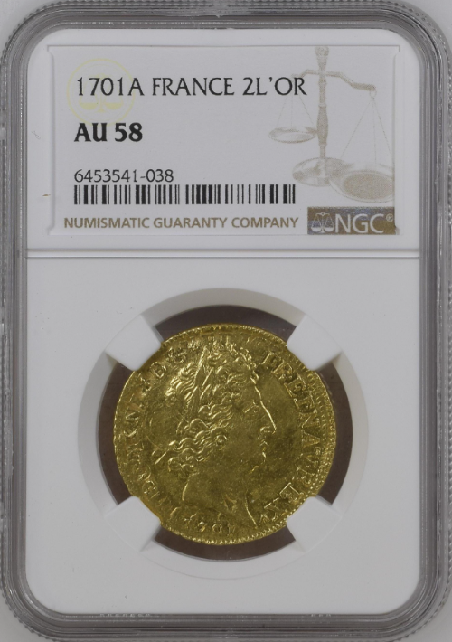 動画あり】フランス 1701-A年 ルイ14世 2ルイドール金貨 NGC-AU58