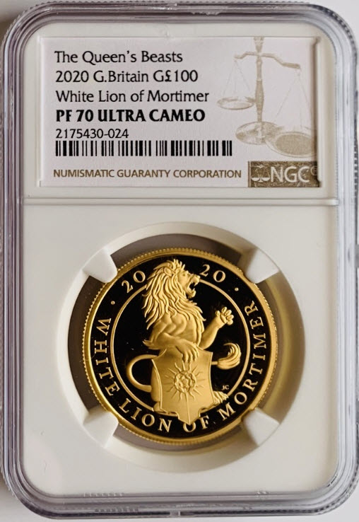 グレートブリテン クイーンズビースト 2020年 ホワイトライオン100ポンド純金プルーフ金貨NGC-PF70UCAM-2175430-024