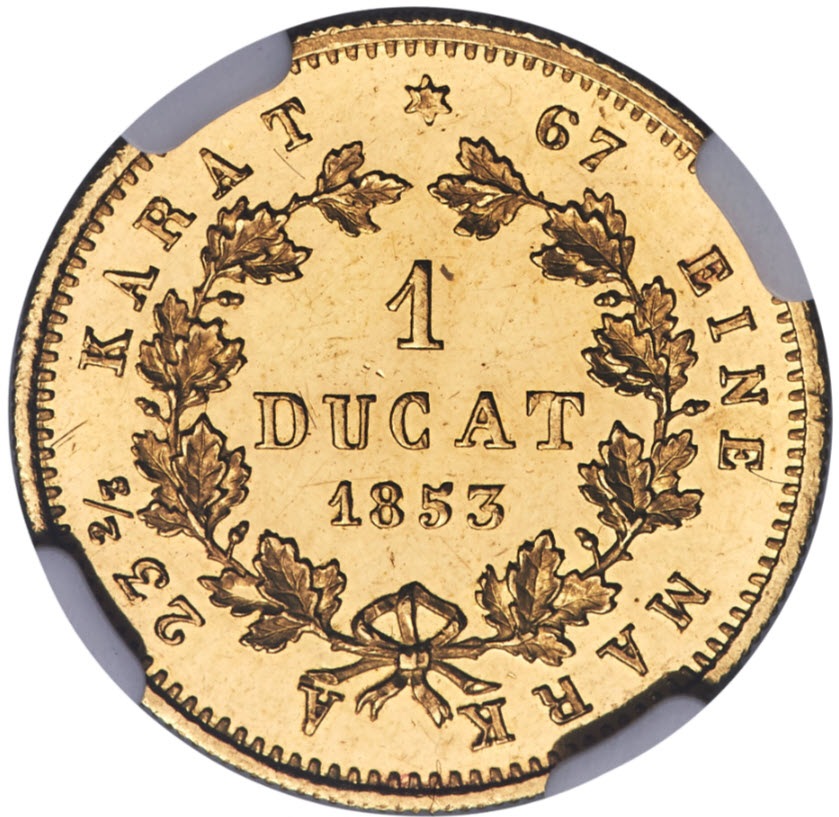 動画あり】ドイツ 1853年 フランクフルト 自由都市 1ダカット金貨 NGC