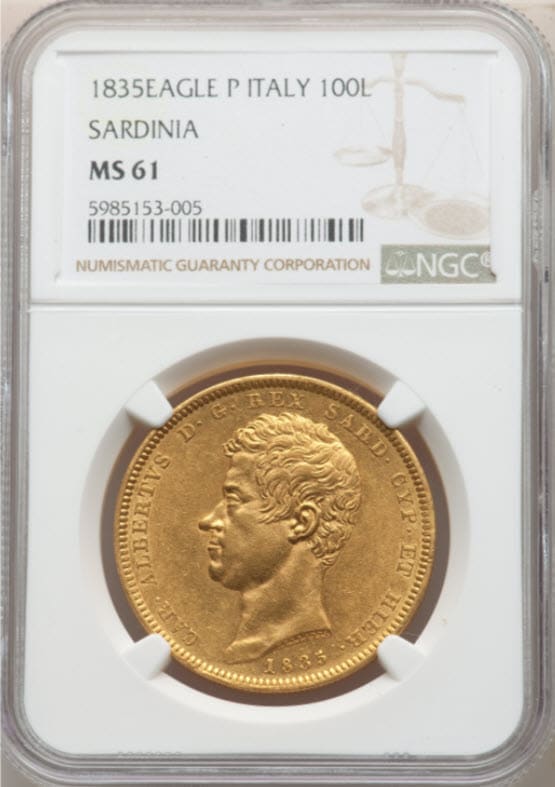 1835年/イタリア/サルデーニャ/AU58/カルロアルベルト/金貨/100リラ 1835年/イタリア/サルデーニャ/AU58/カルロアルベルト/金貨/100