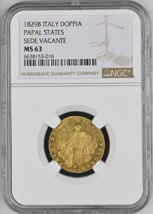 【動画あり】【レア度1-R1】イタリア 1829-B年 空位時代 1ドッピア金貨 NGC-MS63