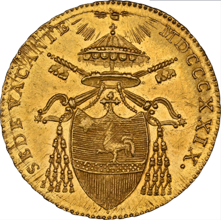 【動画あり】【レア度1-R1】イタリア 1829-B年 空位時代 1ドッピア金貨 NGC-MS63