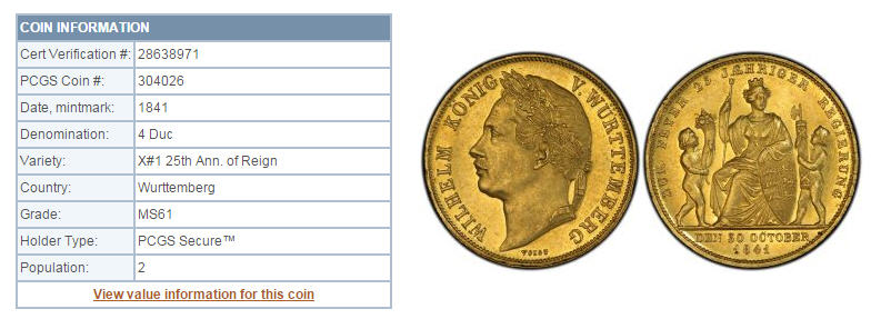 【動画あり】ドイツ4ダカット金貨German States Wurttemberg. Wilhelm gold 4 Ducat 1841 MS61 PCGS