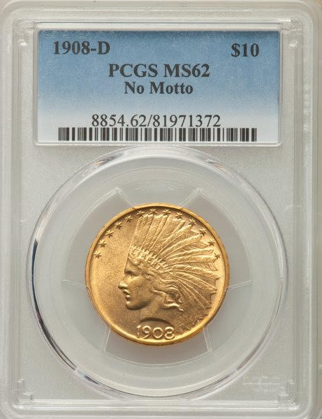 【動画あり】【右肩上がり】アメリカ 10ドル金貨インディアンヘッド1908-D $10 PCGS MS62 (No Motto)