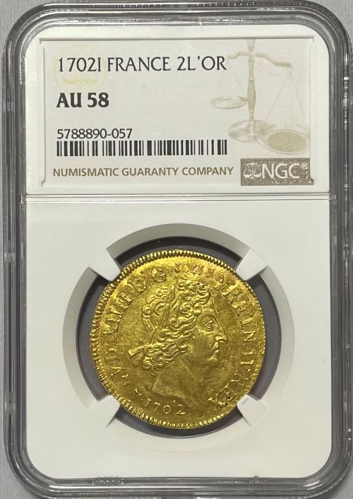 【動画あり】【レア度2-R2】フランス 1702-I年 ルイ14世 2ルイドール金貨 NGC-AU58