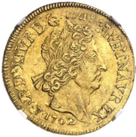 【動画あり】【レア度2-R2】フランス 1702-I年 ルイ14世 2ルイドール金貨 NGC-AU58