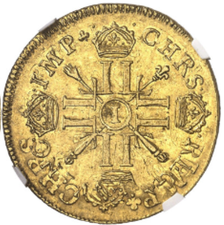 【動画あり】【レア度2-R2】フランス 1702-I年 ルイ14世 2ルイドール金貨 NGC-AU58