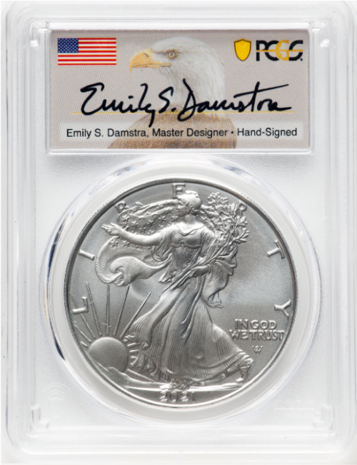 【エミリー・S・ダムストラ サイン入り】ファースト・ストライク アメリカ 1ドル タイプ2 シルバーイーグル銀貨 バーニッシュ(艶消し)仕上げ 2021-W年 PCGS SP70-DCAM
