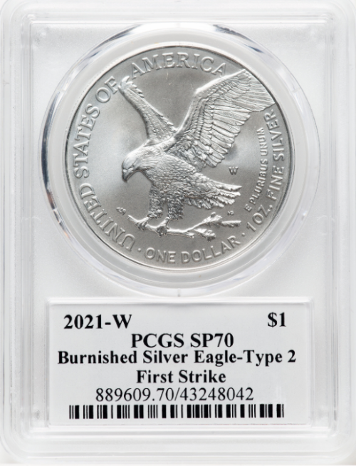 【エミリー・S・ダムストラ サイン入り】ファースト・ストライク アメリカ 1ドル タイプ2 シルバーイーグル銀貨 バーニッシュ(艶消し)仕上げ 2021-W年 PCGS SP70-DCAM