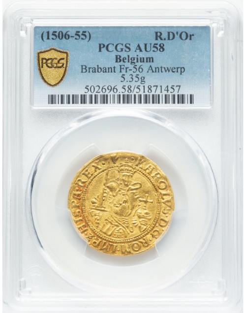 【動画あり】アンティークコイン ベルギー ブラバント公国 1506-55年 カール5世 1レアルドール金貨 PCGS-AU58