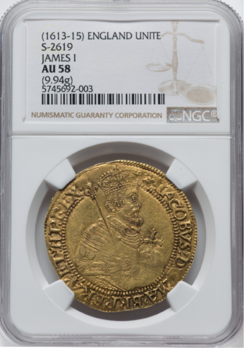 【動画あり】アンティークコイン グレートブリテン 1613-15年 ジェームズ1世 ゴールド・ユナイト金貨 NGC-AU58