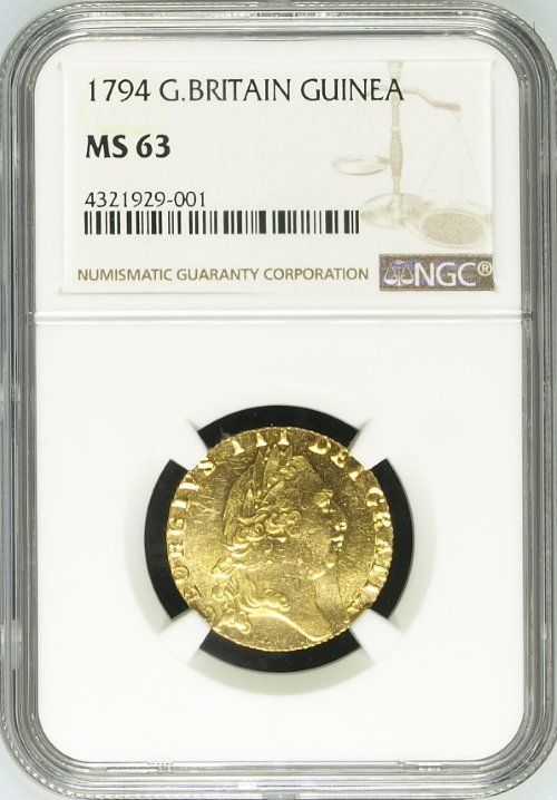 【動画あり】グレートブリテン 1794年 ジョージ3世 1ギニー金貨 NGC-MS63 Augustana Collection