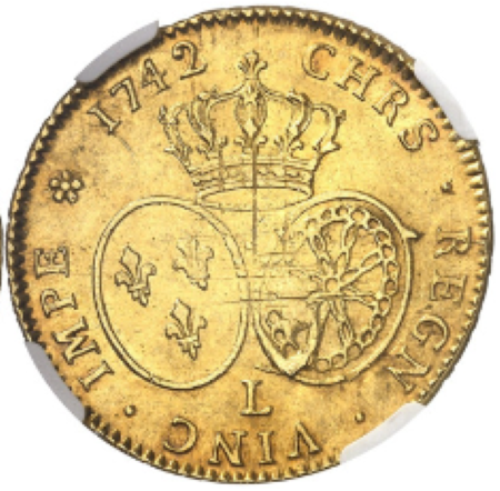 【レア度2-R2】フランス 1742-L年 ルイ15世 2ルイドール金貨 NGC-MS62