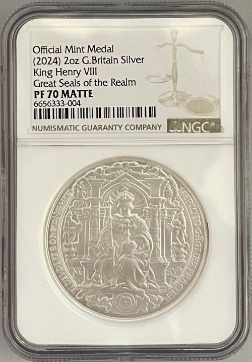 【動画あり】【英国の国璽】グレートブリテン ヘンリー8世の印章 2オンス マットプルーフ純銀銀貨 NGC-PF70 箱付き