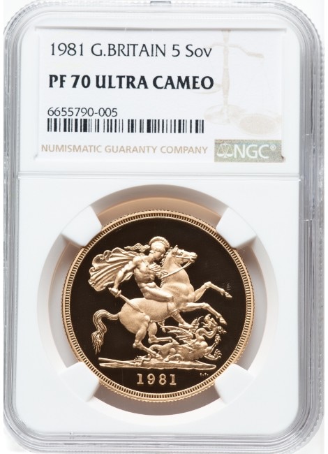 グレートブリテン 1981年 エリザベス2世 クィンタプル・ソブリン 5ポンド金貨 NGC-PF70 UCAM