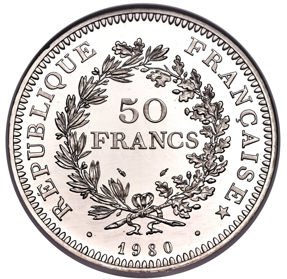 【動画あり】フランス試鋳貨プラチナ貨 リパブリックプルーフプラチナ貨50フラン 1980 PF67 UCAM NGC
