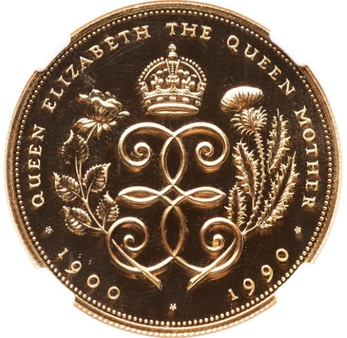 グレートブリテン 1990年 エリザベス2世 エリザベス王太后生誕90周年記念 5ポンド金貨 NGC-PF70 UCAM