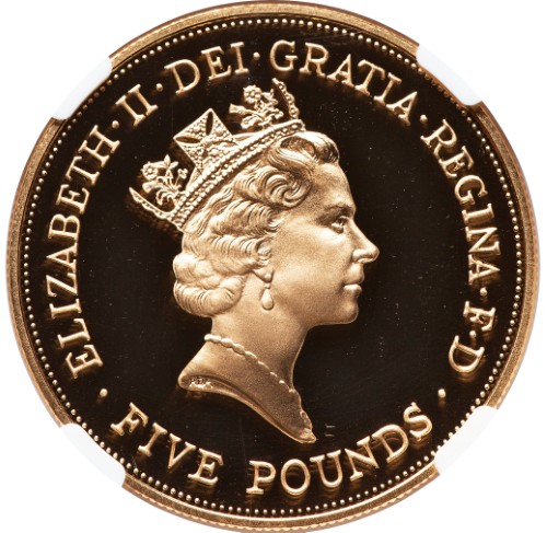 グレートブリテン 1990年 エリザベス2世 エリザベス王太后生誕90周年記念 5ポンド金貨 NGC-PF70 UCAM