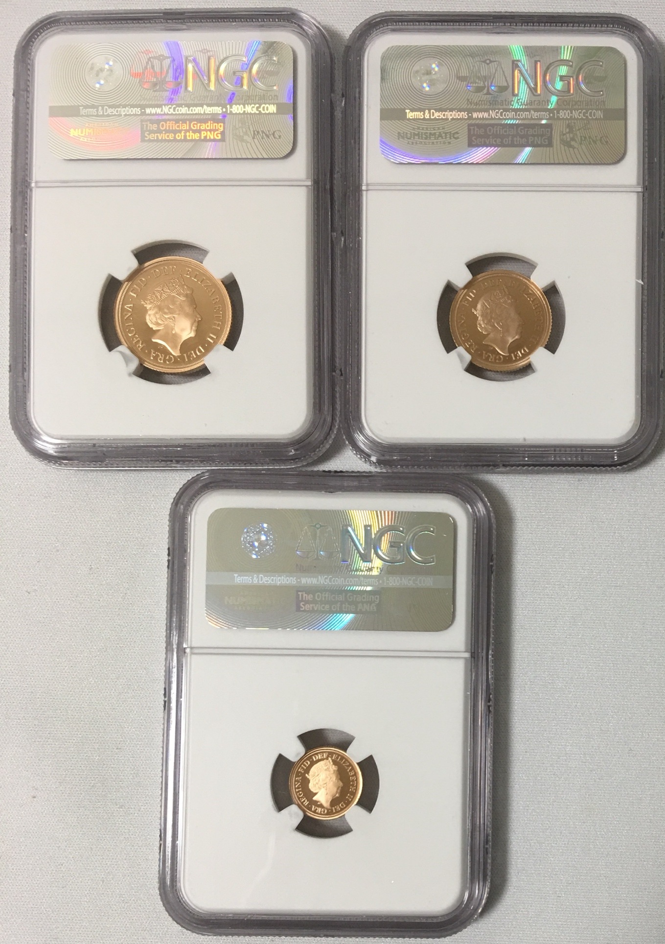 【鑑定済】グレートブリテン2018年エリザベスII世 プルーフソブリンNGC社PF69・70・70UCAM金貨3枚セット オリジナル箱付き