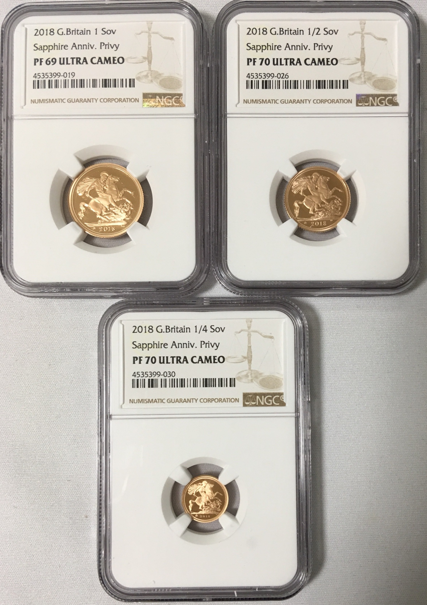 【鑑定済】グレートブリテン2018年エリザベスII世 プルーフソブリンNGC社PF69・70・70UCAM金貨3枚セット オリジナル箱付き