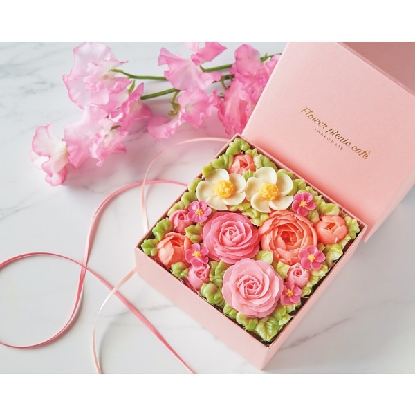 食べられるお花のボックスフラワーケーキ（ピンク）【目録】