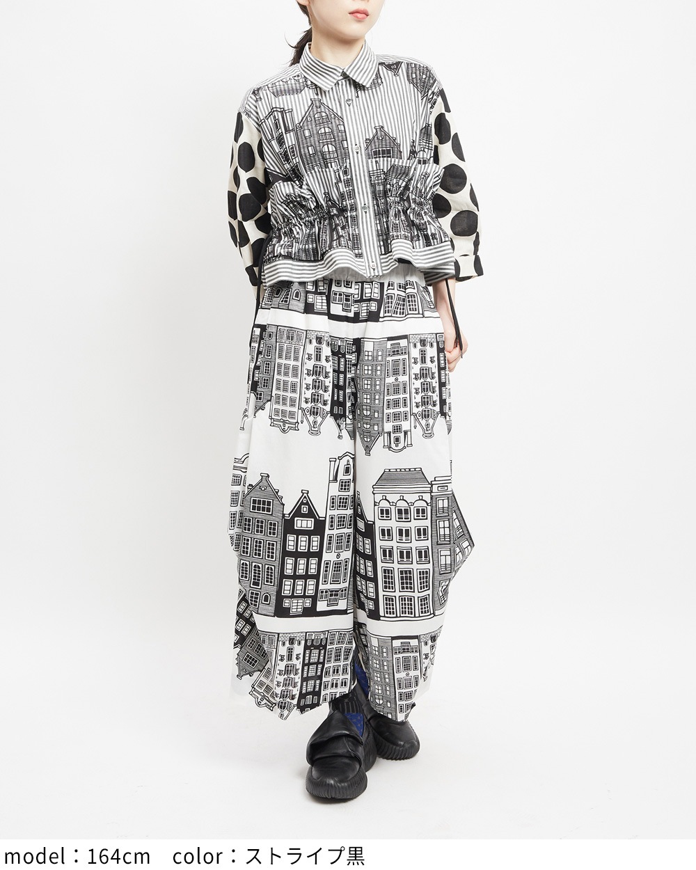 ゴム gomme Wave Blouse ウェーブ ブラウス シャツ 総柄 シアーサッカーギンガム ボウタイブラウス（15-73BM03-205）｜コムサ
