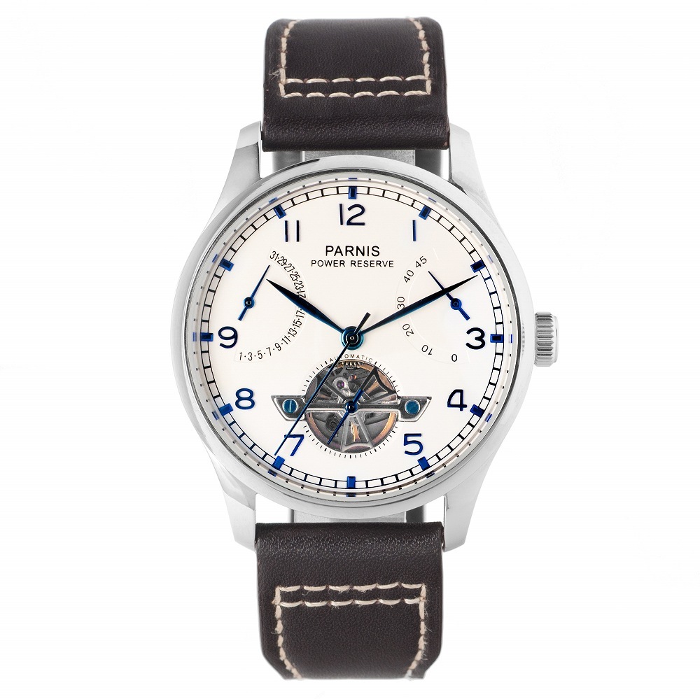 PARNIS 自動巻き時計 パワーリザーブ表示、レトログラードカレンダー