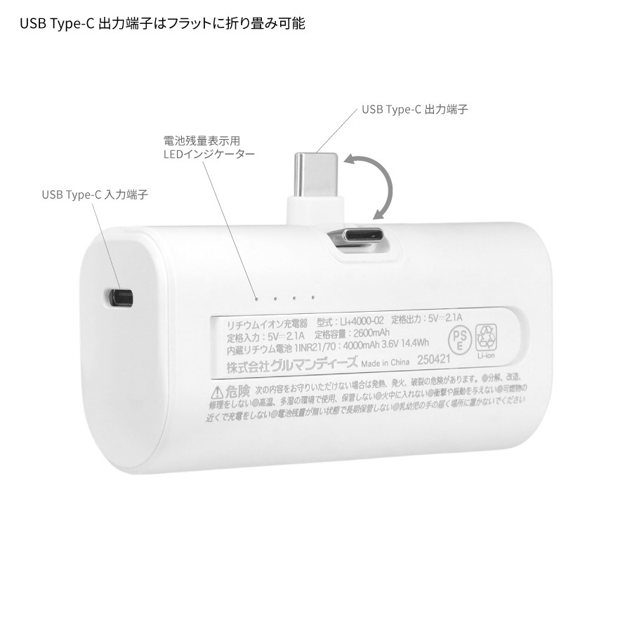 ディズニーキャラクター ／ USB Type-C コネクタ付き リチウムイオン充電器 4000mAh