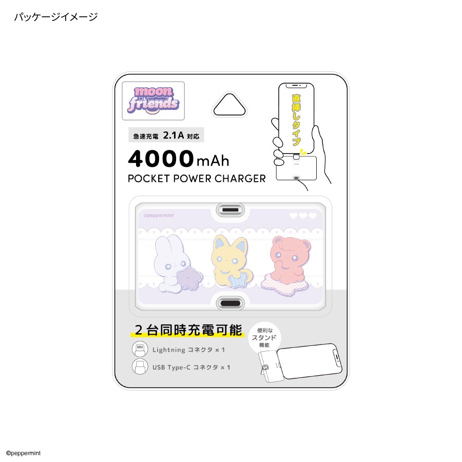 ペパーミント Lightning / Type-C コネクタ付き リチウムイオン充電器 4000mAh