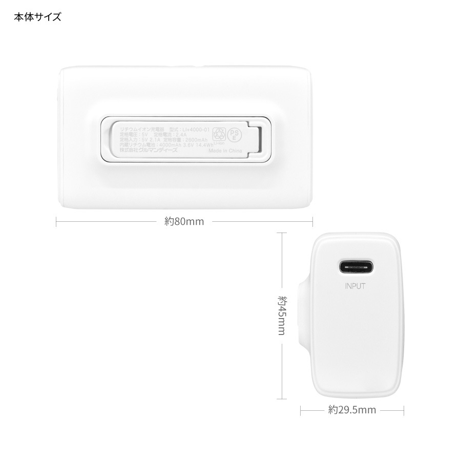 E.T. Lightning / Type-C コネクタ付き リチウムイオン充電器 4000mAh
