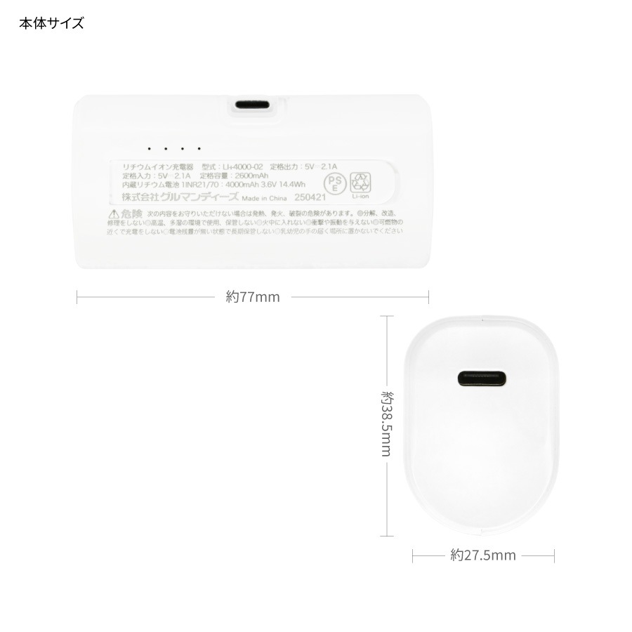 ピーナッツ スヌーピー USB Type-C コネクタ付き リチウムイオン充電器 4000mAh