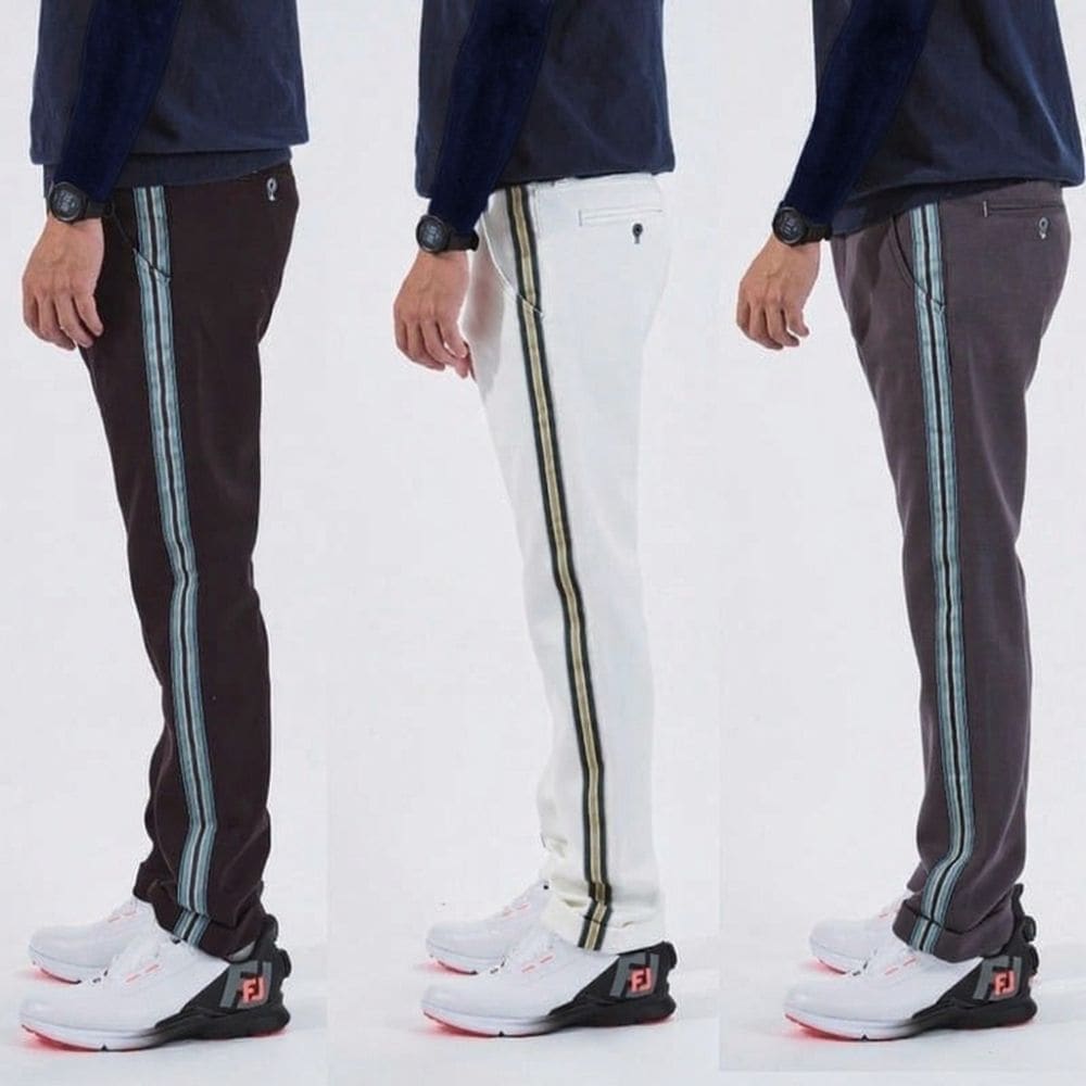 【ONO+8186】レーヨンミックス　ダンボール　サイドストライプ・テーパードパンツ【秋ゴルフに最適！もっちりとしたふくらみのある軽量ダンボール素材使用】