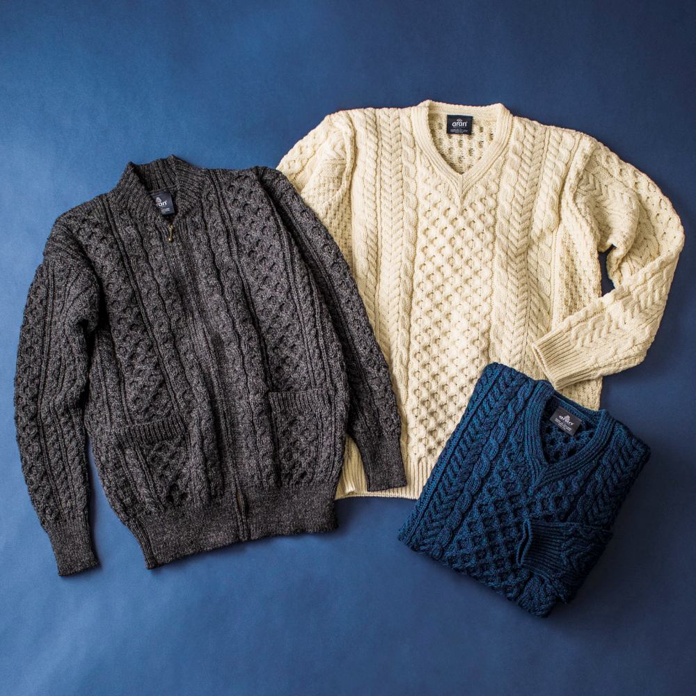 Aran Woollen Mills＞フィッシャーマンVネックセーター＆ジップ