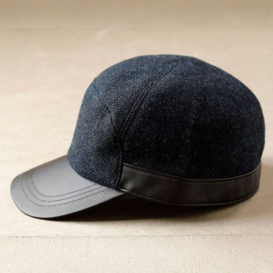 レザー使いヘリンボーン柄 ウールキャップ【帽子専門店「ニシカワ」が贈る、大人のコンビキャップ】