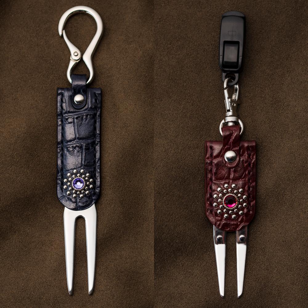 誕生石カラー入り グリーンフォーク【選べる誕生石×国産クロコ型押しのキーホルダー型＆パターキャッチャー型】