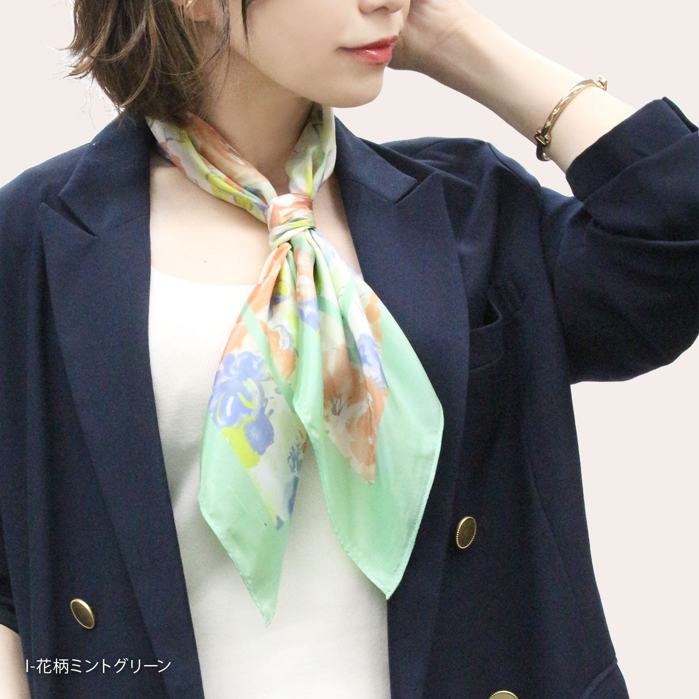 シルクスカーフ 68×68（I-花柄ミントグリーン） 【公式】Gran creer