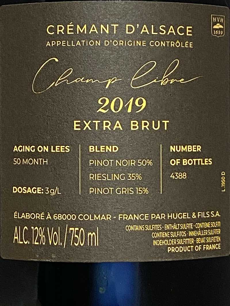 2019年 ヒューゲル クレマン ダルザス シャン リーブル 750ml フランス アルザス スパークリングワイン